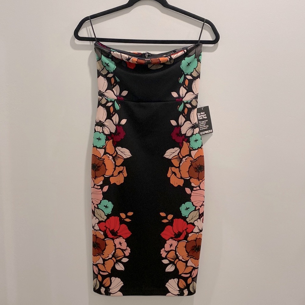 Express Strapless Black Floral Bodycon dress, Size 2